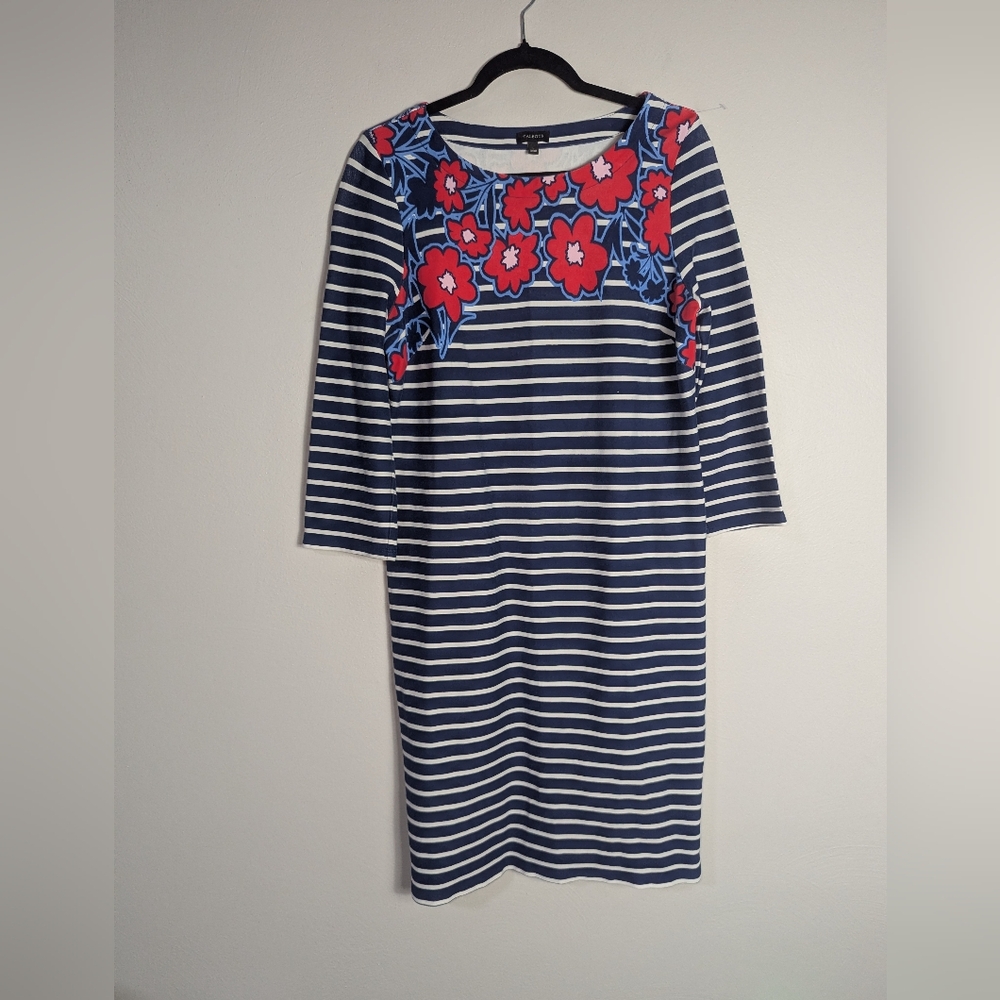 L Talbots Navy Striped Floral Print Sheath Dress